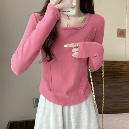 U-neck long-sleeved T-shirt for women 2024 autumn and winter new fishbone design slim fit bottoming shirt short top