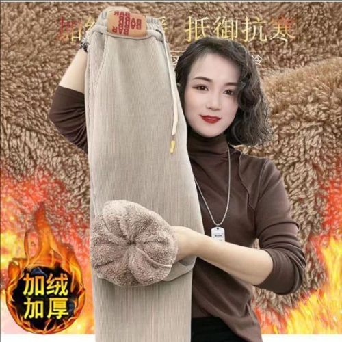 Corduroy pants for women in autumn and winter, plus velvet and thickened brown cotton pants, wide-leg casual pajamas, sweatpants, Maillard pants, coffee color