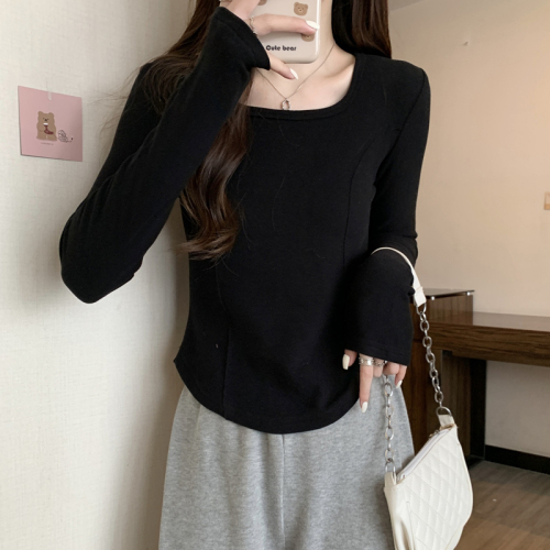 U-neck long-sleeved T-shirt for women 2024 autumn and winter new fishbone design slim fit bottoming shirt short top
