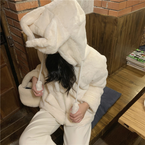 Moving bunny ears plus velvet hooded cotton coat for women winter new small thickened plush coat