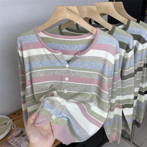 Autumn and winter new Korean Andy velvet anti-pilling color striped knitted cardigan long-sleeved loose sweater for women