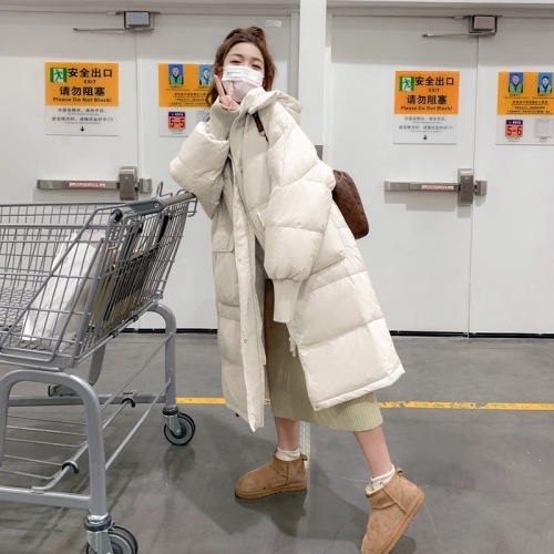 Pink bread down cotton coat for women winter new thickened warm mid-length over-the-knee hooded cotton-padded jacket