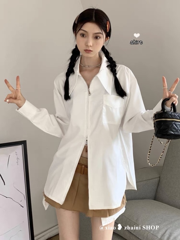 Silver teeth double-ended zipper French white long-sleeved design spring chic shirt top for women