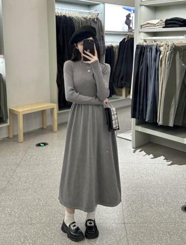 Knitted inner bottoming long-sleeved dress winter drapey long dress for women