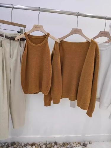 Gentle style long-sleeved knitted cardigan + foreign-style inner vest suspender two-piece set for women 2024 autumn sweater