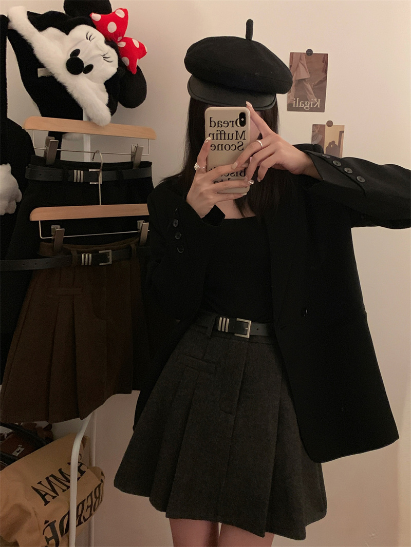 Real shot autumn and winter thick wool pure color pleated skirt high waist anti-leakage A word skirt half skirt 