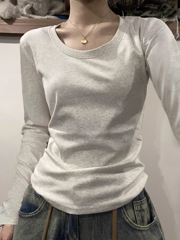 American long-sleeved right-shoulder T-shirt for women in spring and autumn with U-neck slim fit pure cotton basic base shirt top