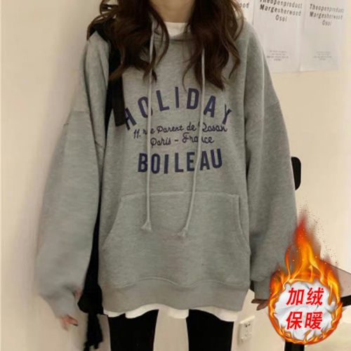 Velvet hooded sweatshirt for women ins super popular autumn and winter new loose Korean style trendy cec hoodie internet celebrity trend