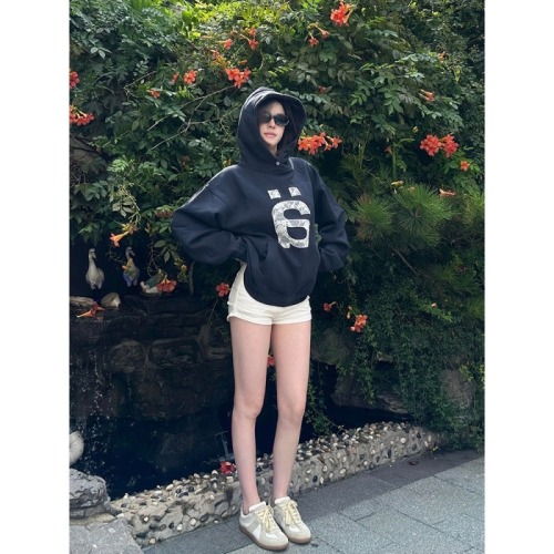 American retro letter print hooded sweatshirt for women autumn 2024 new style loose lazy style high-end casual top