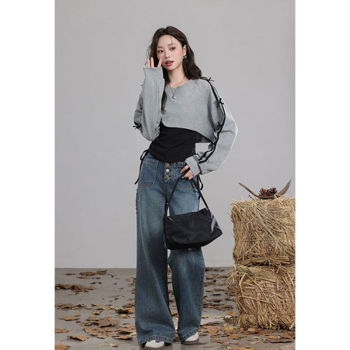 Korean foreign trade original quality short long-sleeved sweatshirt for women autumn new gray top with black slimming vest