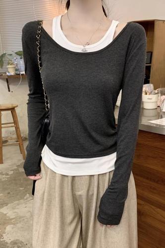 Contrast color fake two-piece U-neck long-sleeved T-shirt for women 2024 autumn smocked waist and layered bottoming top