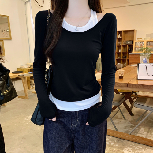 Contrast color fake two-piece U-neck long-sleeved T-shirt for women 2024 autumn smocked waist and layered bottoming top