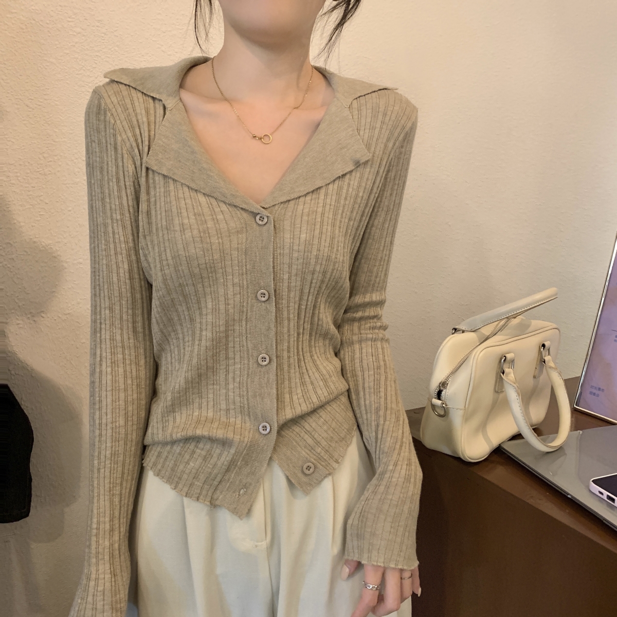 實拍 秋冬韓版氣質單排扣設計感6羊毛針織長袖女開衫毛衣外套