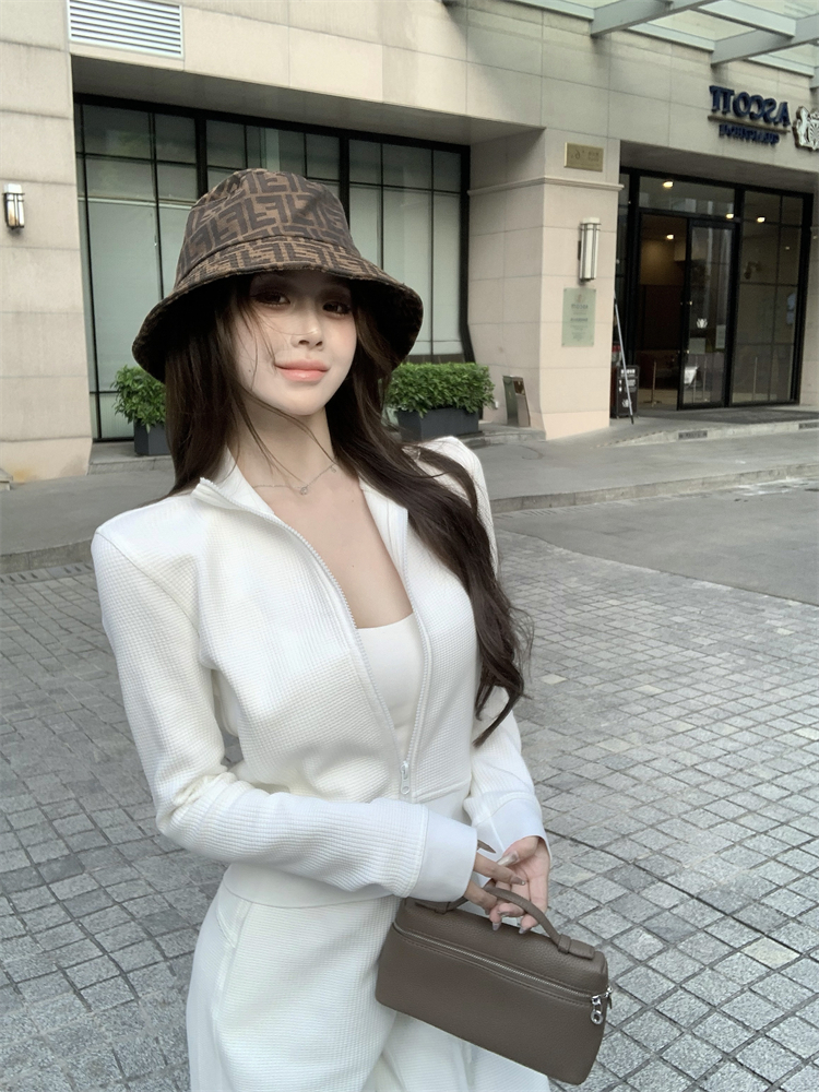 實拍 白色老錢風拉鏈衛衣套裝女褲子運動休閒兩件套