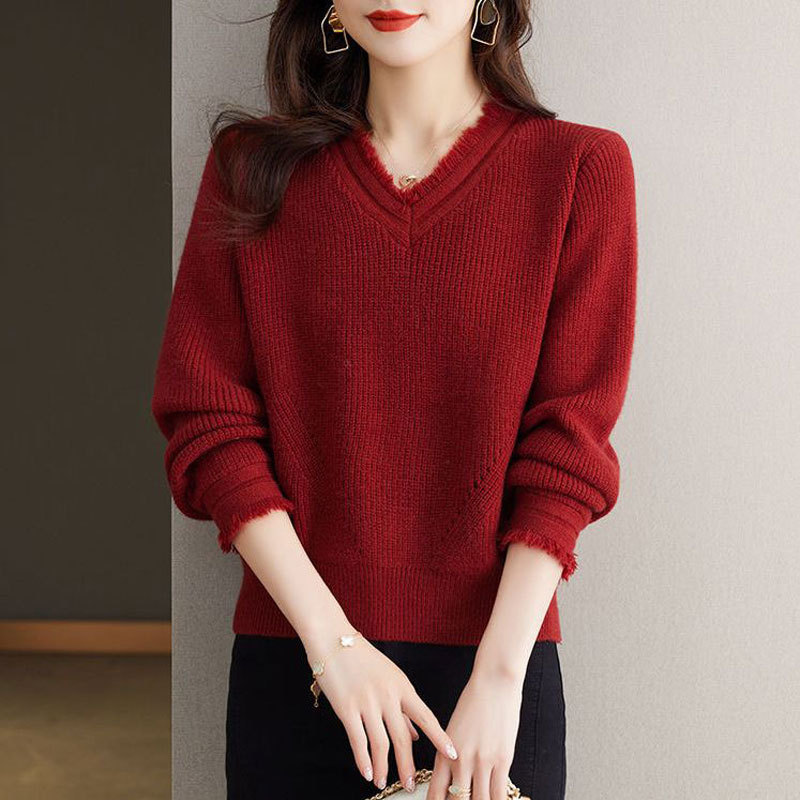 Sweetheart collar tassel short sweater for women 2024 new autumn and winter new style foreign fashion loose bottoming shirt inner layer