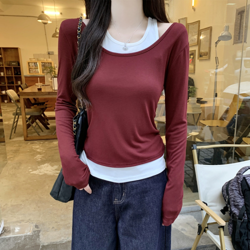 Contrast color fake two-piece U-neck long-sleeved T-shirt for women 2024 autumn smocked waist and layered bottoming top