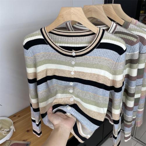 Korean style low round neck contrast striped sweater for women early autumn new versatile cardigan button jacket