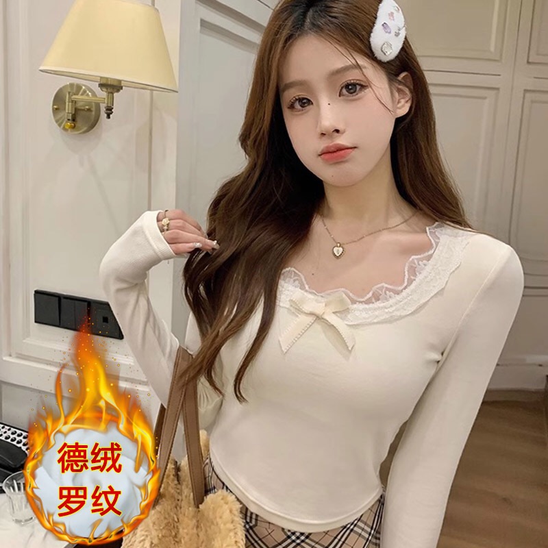 Women's autumn and winter new style bm inner short long-sleeved bottoming shirt with chest pad, lace and brushed pure desire T-shirt