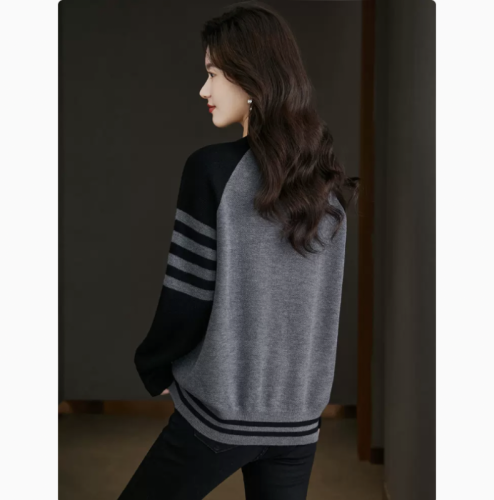 2024 Spring and Autumn New Round Neck Bottoming Sweater Women's Loose Knitwear T-Shirt Top Casual Color Blocking Short Sweatshirt