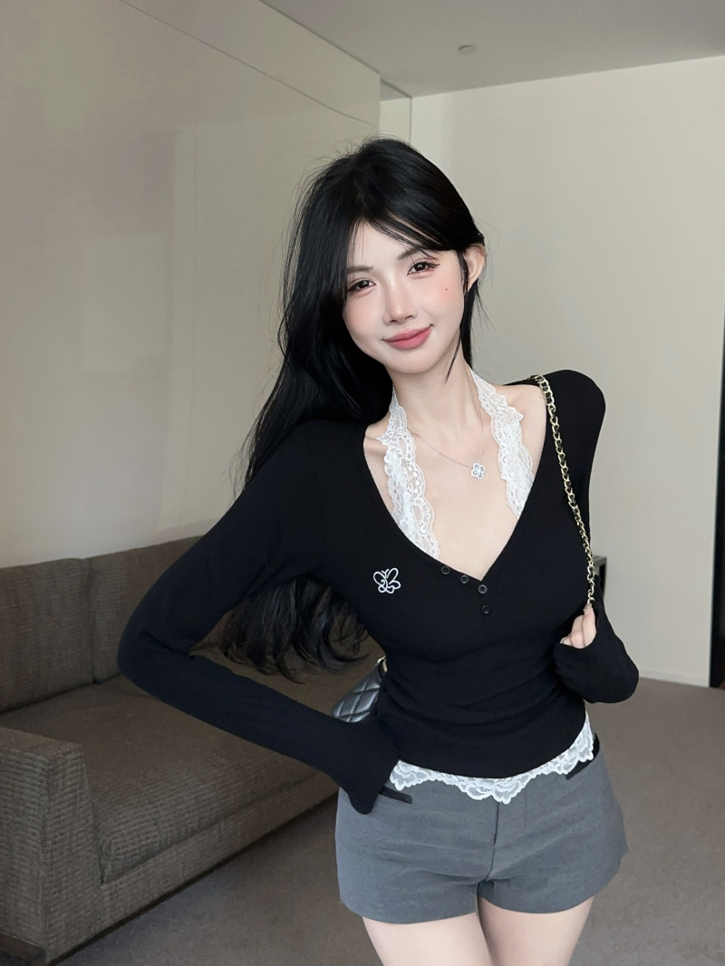2024 Autumn New Elegant Pure Desire Black Lace V-Neck Knit Bodysuit