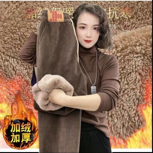 Corduroy pants for women in autumn and winter, plus velvet and thickened brown cotton pants, wide-leg casual pajamas, sweatpants, Maillard pants, coffee color