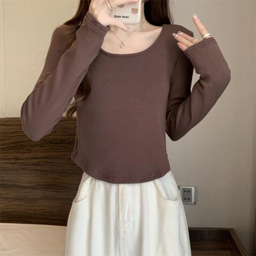 Real shot Autumn and winter solid color versatile exposed collarbone U-neck elastic plus velvet bottoming shirt long-sleeved T-shirt