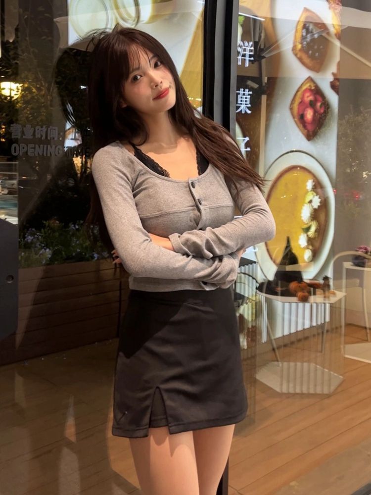 Shufu velvet fake two-piece fake two-piece lace suspender long-sleeved women's autumn and winter design niche slimming and casual