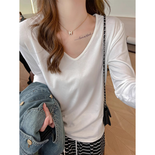 Official picture 210g pure cotton threaded U-neck long-sleeved T-shirt for women spring and autumn bottoming shirt with light plate blank version inside