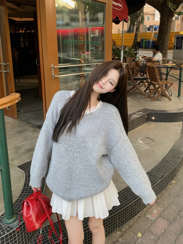 Korean style lace patchwork lazy knitted sweater