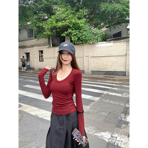 Early autumn pure lust hottie scheming bottoming shirt U-neck white long-sleeved T-shirt spring and autumn top