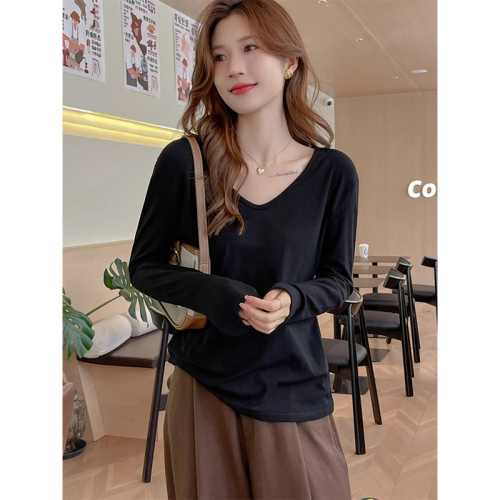 Official picture 210g pure cotton threaded U-neck long-sleeved T-shirt for women spring and autumn bottoming shirt with light plate blank version inside