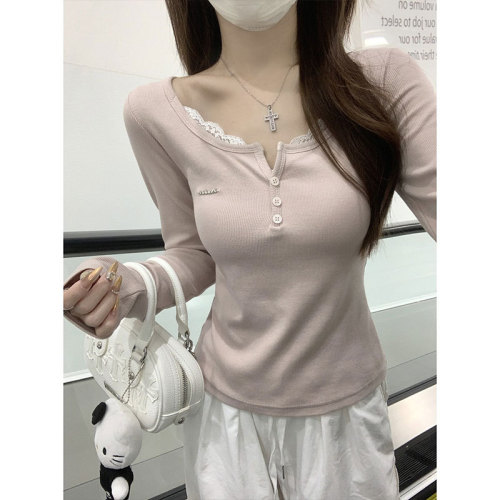 Original good fabric pure desire lace right shoulder long-sleeved T-shirt women's early autumn new slim fit top