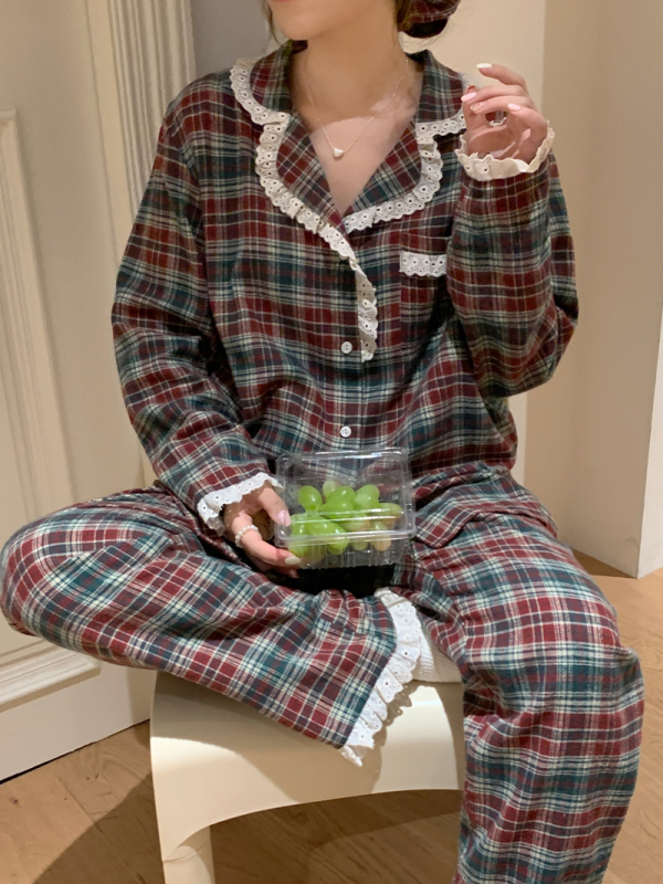 Pajamas for women Korean ins Christmas style plaid brushed lace suit home wear trendy long-sleeved trousers