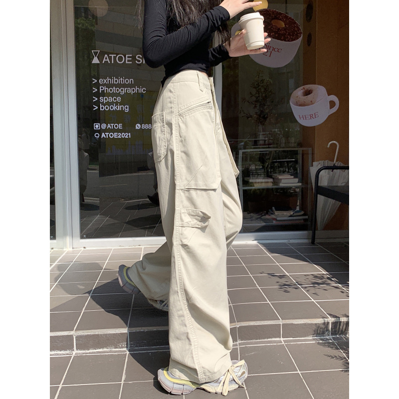 ~American retro multi-pocket pleated overalls for women in early autumn loose straight wide-leg casual pants
