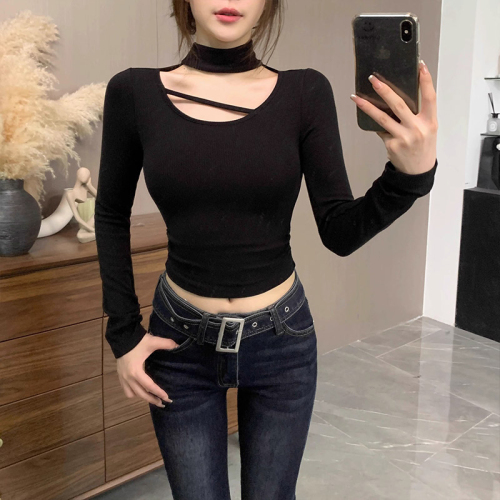 Official picture Pure lust style halter neck slim bottoming shirt for women spring and autumn new long sleeve inner wear right shoulder T-shirt top