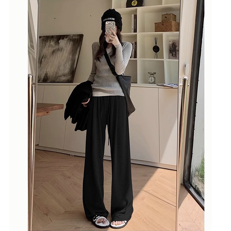 2024 new glutinous rice pants for women fat mm plus size slimming pear-shaped body high waist wide leg pants for small people