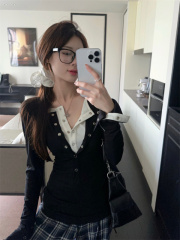 Slimming bottoming shirt fake two-piece design long-sleeved top for women