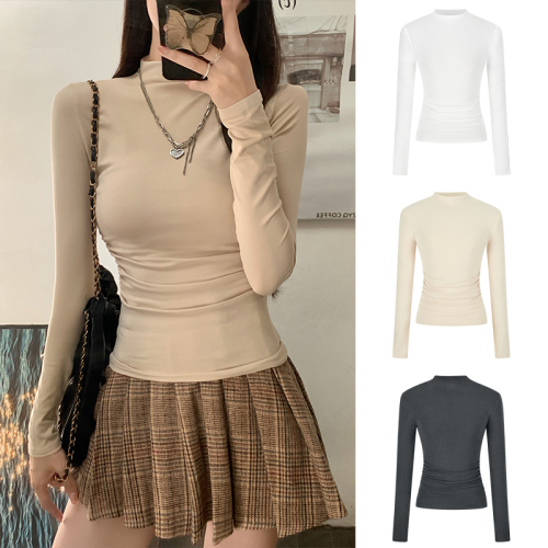 Half turtleneck bottoming shirt for women early autumn long-sleeved versatile pleated T-shirt slim fit inner top