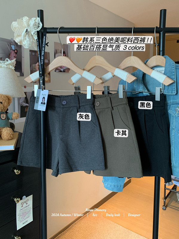 Black woolen shorts for women, autumn and winter style, loose slimming casual pants, versatile slimming wide-leg pants