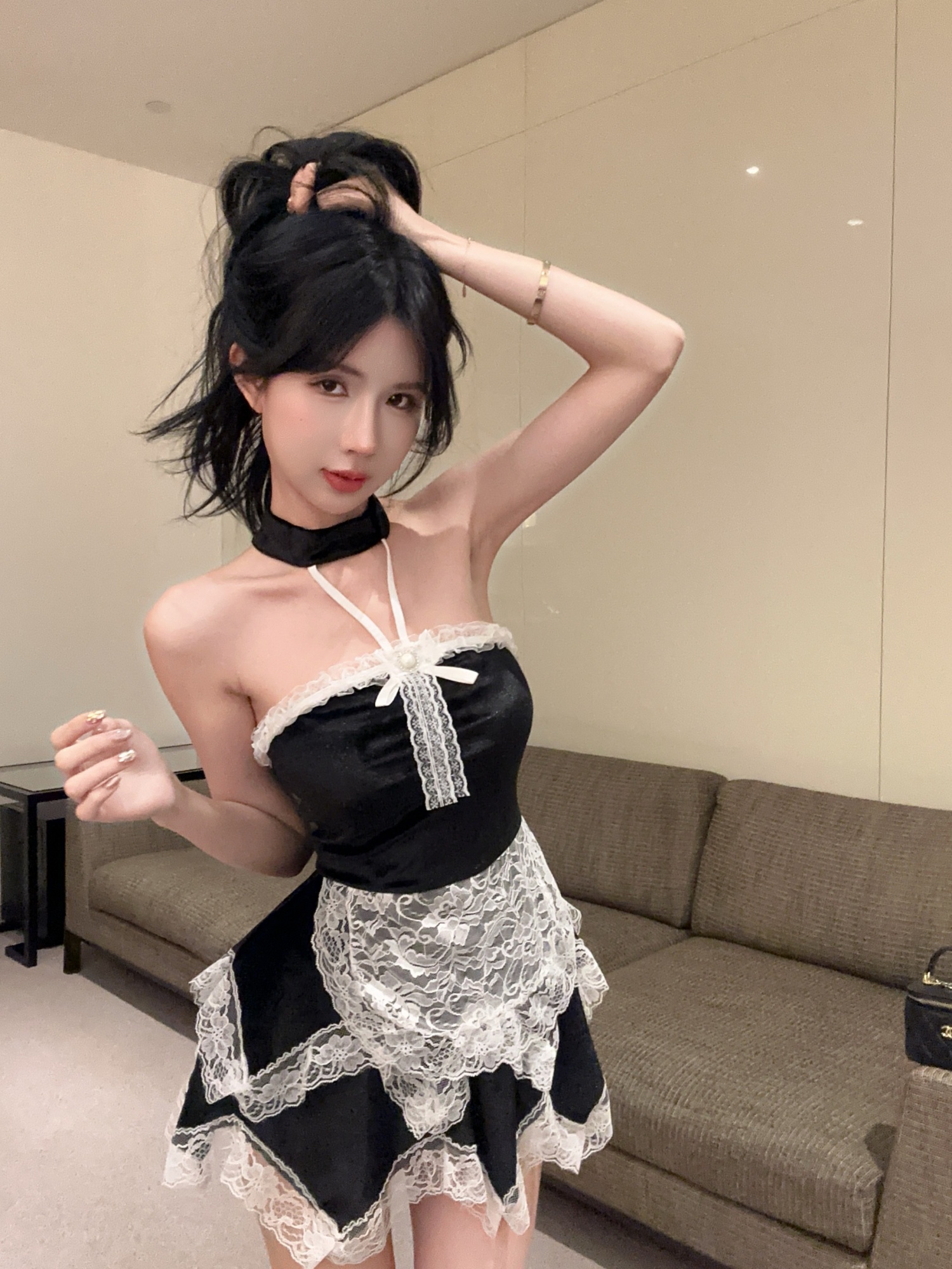 Real shot ~ Pure lust hot girl halter neck tube top waist irregular cake skirt lace velvet dress for women