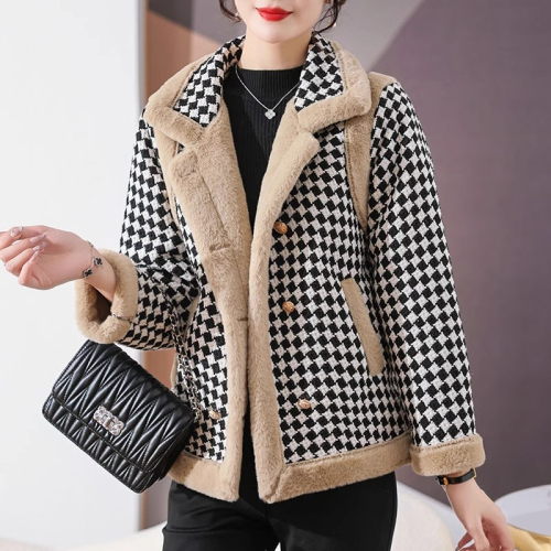 Winter small fragrant style cotton coat, fashionable Korean style plaid cotton coat plus velvet and thickened foreign style woolen loose top for women