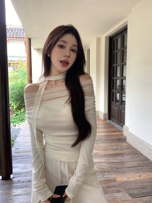 Early autumn new mesh one-shoulder splicing design niche t-shirt hot girl bottoming top for women