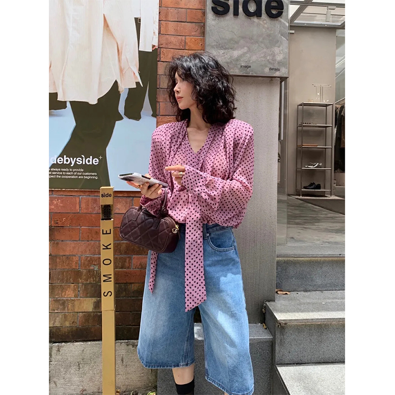 Quality inspector picture 2024 autumn new fashion temperament scarf collar polka dot shirt loose versatile long-sleeved shirt