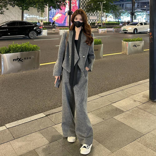 Liixu high-end V-neck streamer woolen suit jacket women's autumn casual straight pants two-piece set solid color