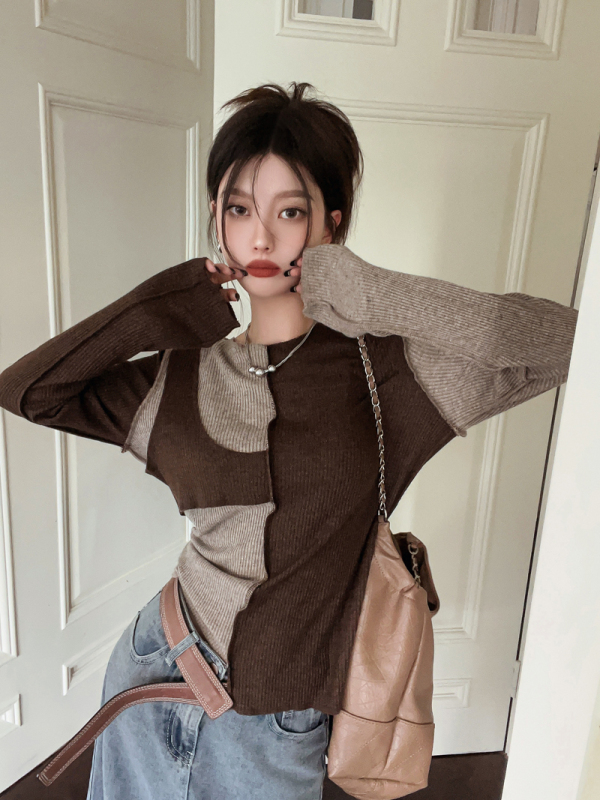 Niche high-end loose slimming bottoming top with spliced ​​design knitted sweater for women