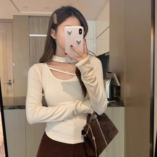 Official picture Pure lust style halter neck slim bottoming shirt for women spring and autumn new long sleeve inner wear right shoulder T-shirt top