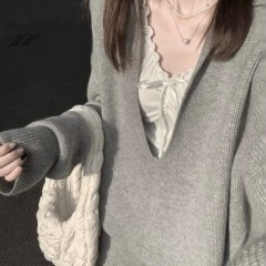 Korean style lazy and relaxed big V-neck sweater for women in autumn new style with fungus hem camisole two-piece set