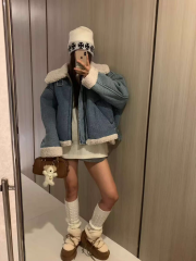 Korea Dongdaemun 2024 Autumn Virkin Fashionable Velvet Lined Large Lapel Lamb Wool Denim Jacket