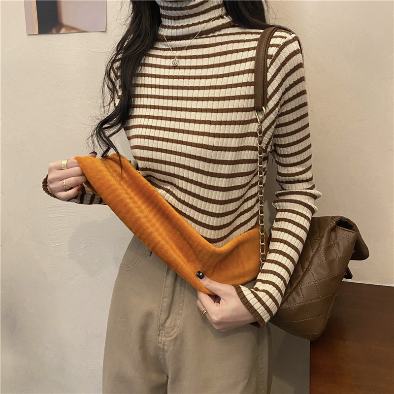 實拍 真 秋冬新款百搭加絨條紋高領打底針織衫女