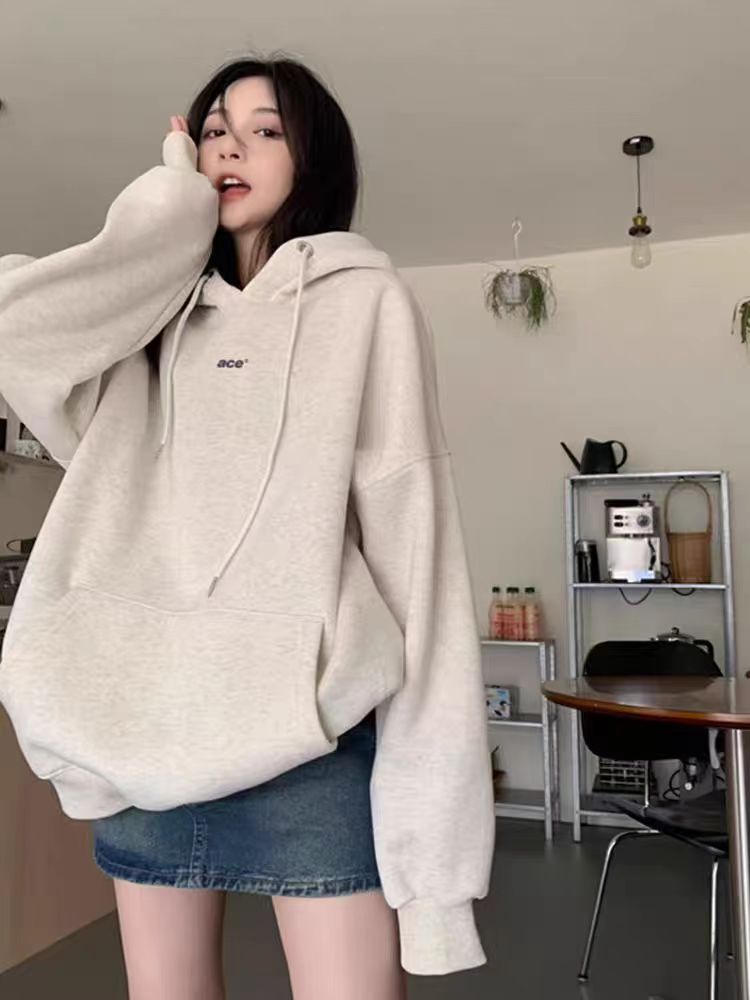 High quality cotton-containing Chinese cotton composite CVC rib hooded printed sweatshirt for women couple regular plus velvet